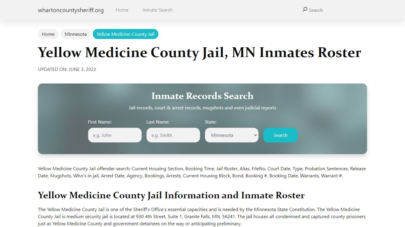 Yellow Medicine County Jail, MN Jail Roster, Name Search